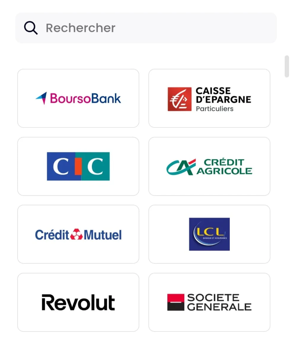 L’écran de connexion ouvert par Powens : une recherche, puis les principales banques françaises à choisir.